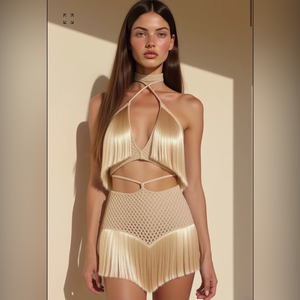 Gorgeous beige crochet set with fringes for a modern and dynamic look.